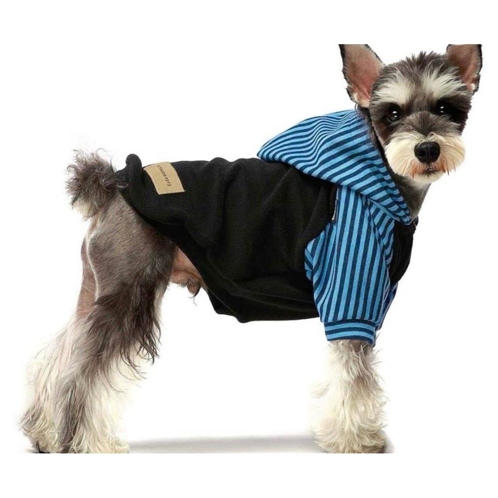 NEW Fit Warm Dog Hoodie Size Large Blue Striped Black Fleece Pet Sweater - Picture 2 of 5